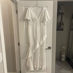 White satin lulus dress, discontinued online.